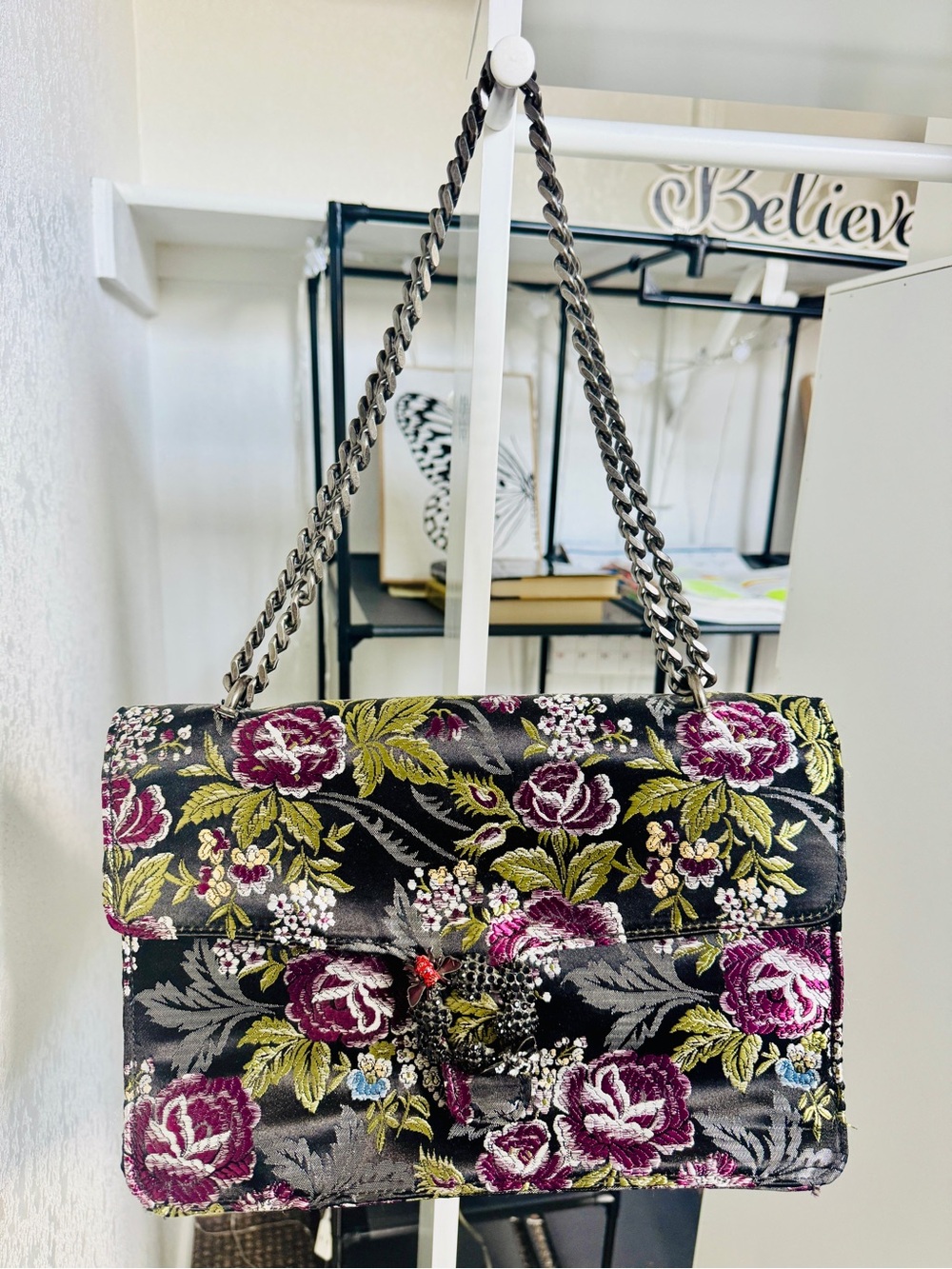 Steve Madden Black Shoulder Bag with Magenta Floral Embroidery and Silver Chain